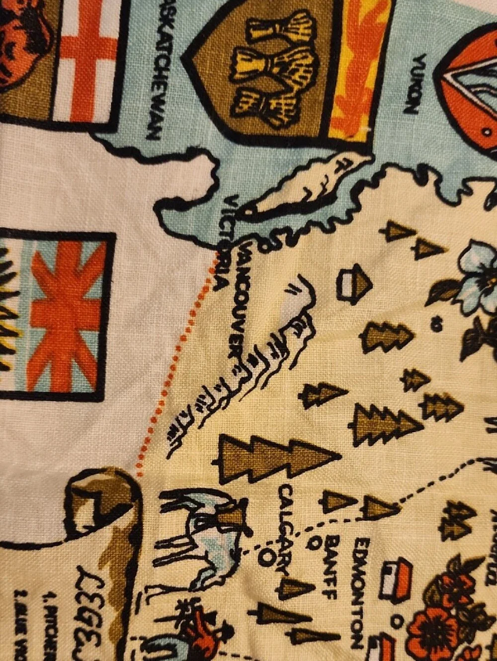 Vintage Map-Print Kitchen Tea Towel in Cream, Blue, Black and Brown